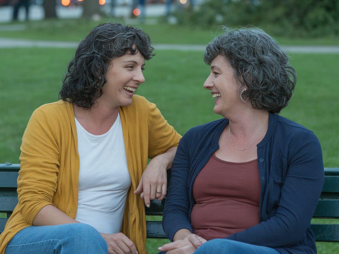 Two friends laughing together on a park bench