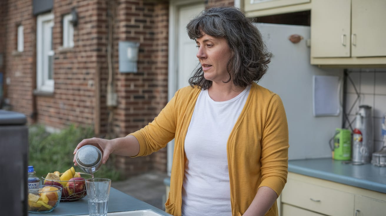 A woman pouring a glass of water in her kitchen on a summer evening