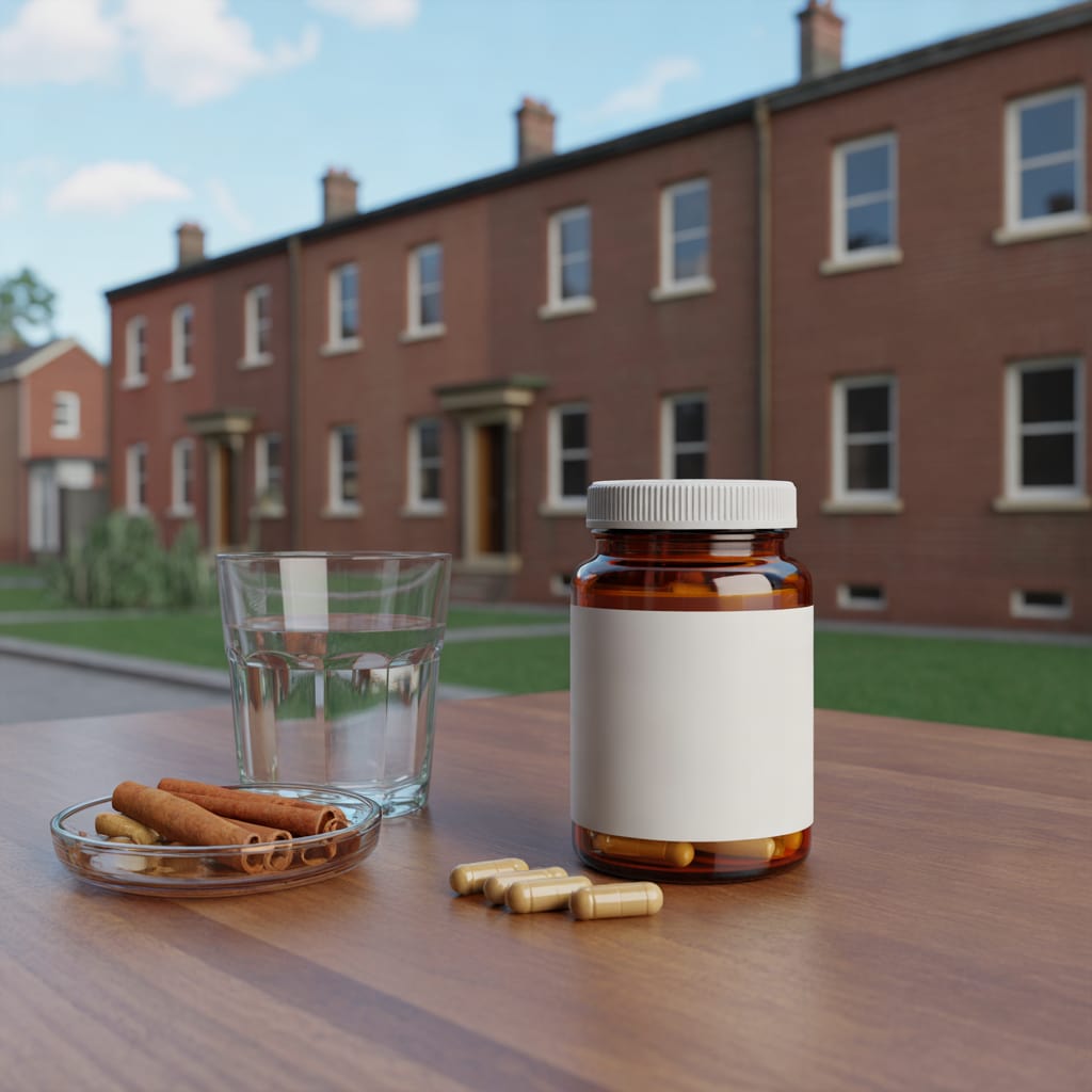 A plain unlabeled jar of capsules next to a glass of water