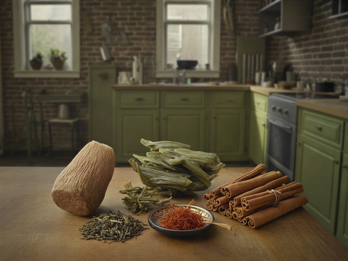 Konjac root, green tea leaves, saffron threads and cinnamon quills on a table