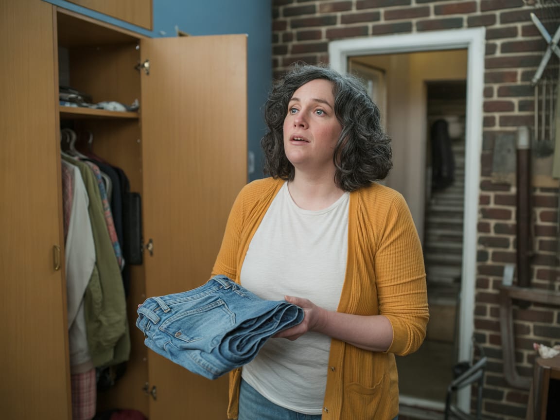 A woman holding a folded pair of jeans beside her wardrobe